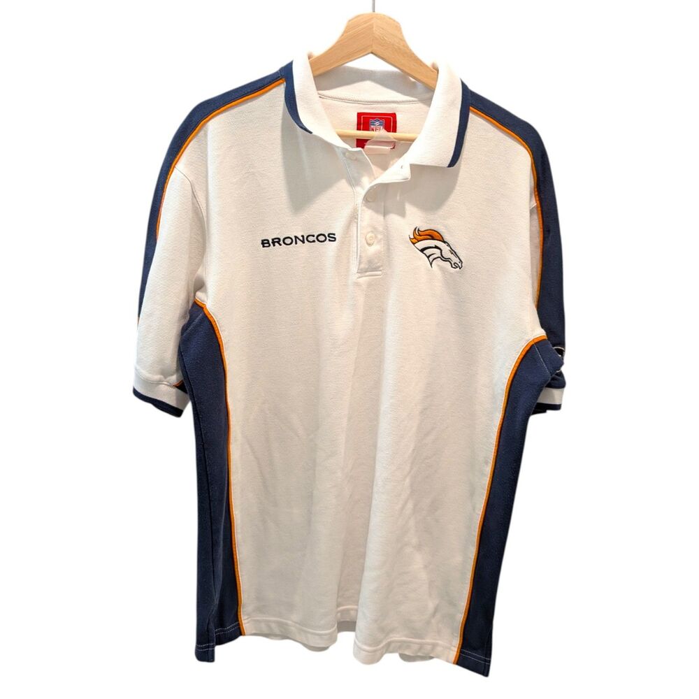 Vintage Denver Broncos NFL Colorblock Polo Shirt Embroidered Logos L Navy Orange
